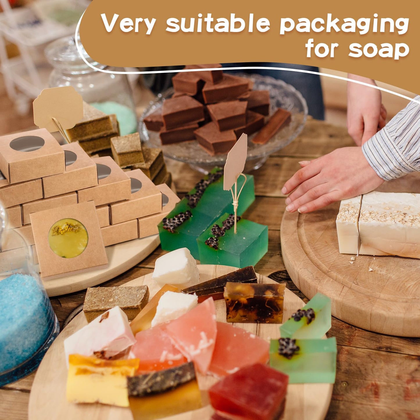 TaoBary 100 Pcs Soap Boxes for Homemade, 3 x 3 x 1.2 Inch Small Paper Gift Packaging Boxes with Window, Gift Wrappers for Soap Packaging Making Party Favor(Round,Kraft)