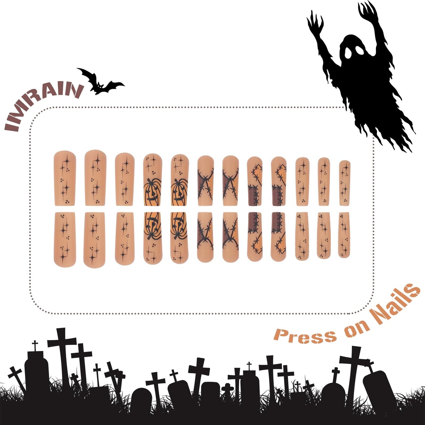 IMRAIN Halloween Press on Nails Long Square Fake Nails Nude Orange Matte Acrylic False Nails with Pumpkins Designs Full Cover Acrylic Stick on Nails 24Pcs
