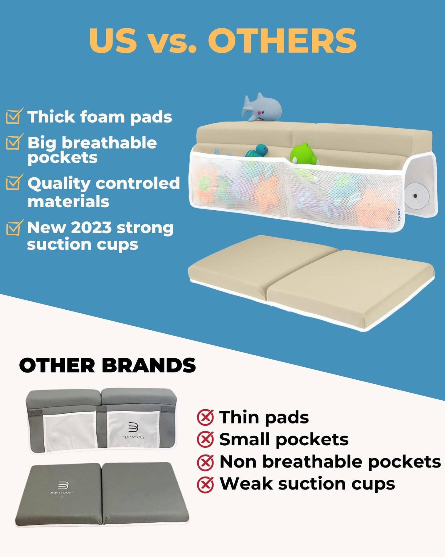 Comfortable Baby Bath Kneeler and Elbow Rest Pad Set – Thick Memory Foam Bath Kneeling Pad with Elbow Support – Baby Bathtub Cushion with Toy Organizer for Bathing Infant or Toddler - Beige