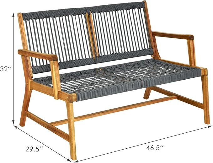 Tangkula 2-Person Patio Acacia Wood Bench Loveseat, Outdoor Patio Rope Bench in Teak Oil Finish, for Balcony Deck Poolside Porch (Grey)