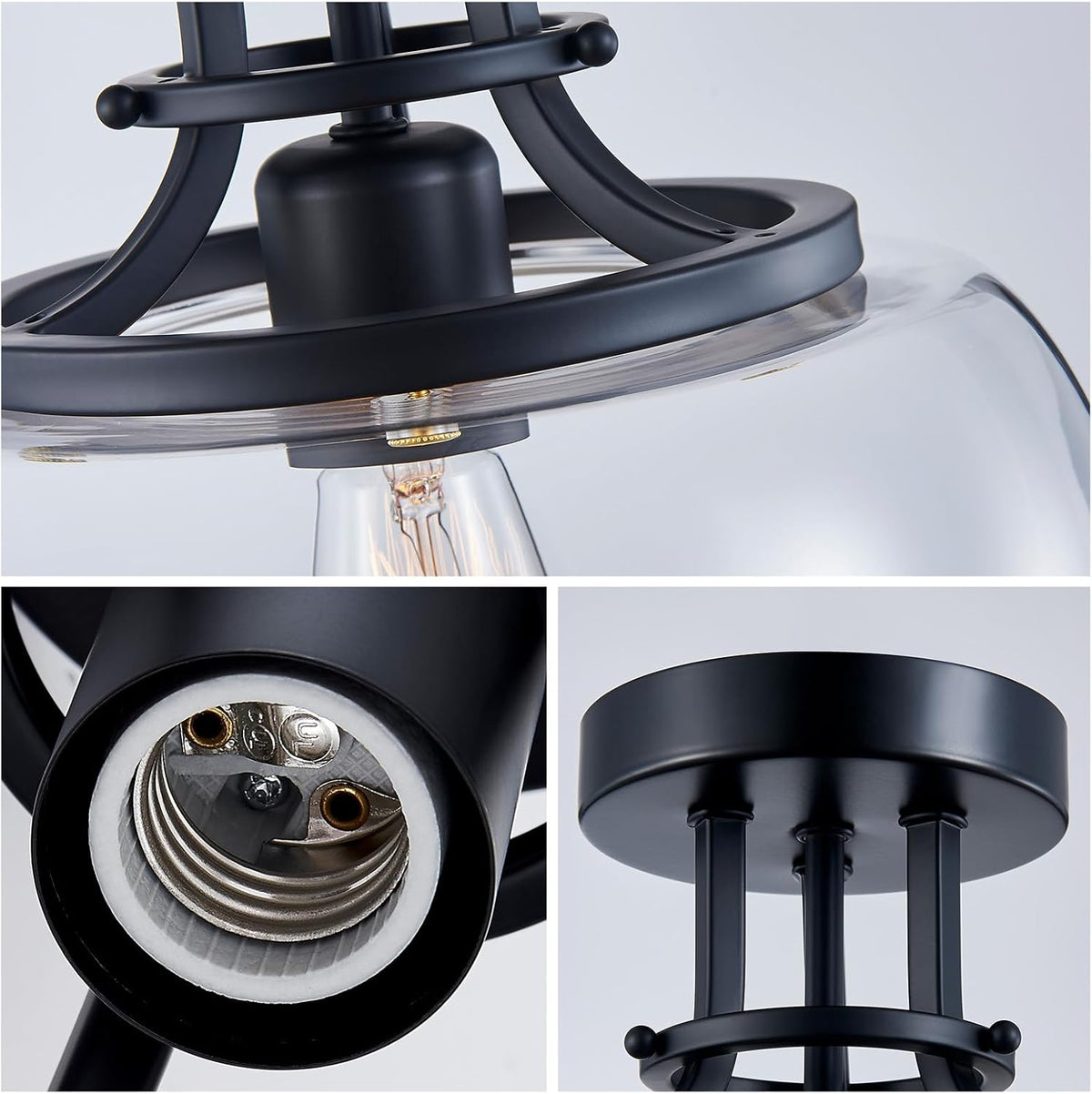 WUZUPS Chandelier Rustic Farmhouse Industrial Round Semi-flushmount Ceiling LED Light Fixture with Clear Glass Shades for Bathroom Kitchen Foyer Entryway, H 10" x W 10", E26 Base, Black