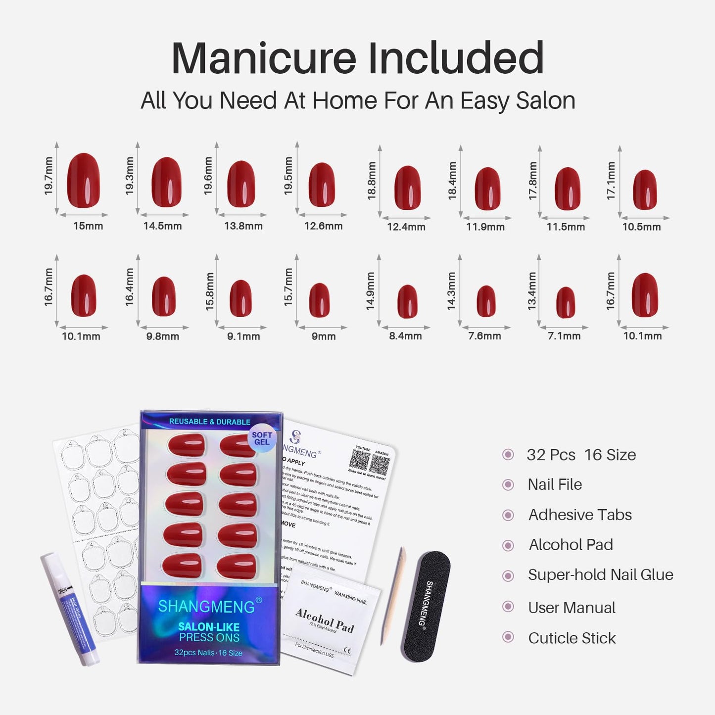 Red Press on Nails Oval for Women Gift - SHANGMENG Soft Gel Press on Nails Short with Glue, Fit Perfectly & Natural Glue on Nails in 16 Sizes - 32 Reusable Fake Nails Kit, Cherry Red