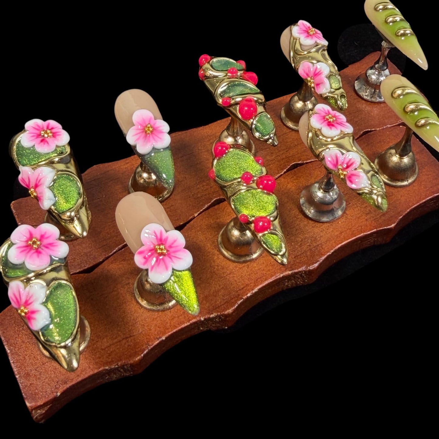 Handmade Luxury Floral Press On Nails, Long Stiletto 3D Pink Petals & Emerald Green Glitter Ombre, Gold Foil Acrylic Reusable False Nails Elven Forest (S)