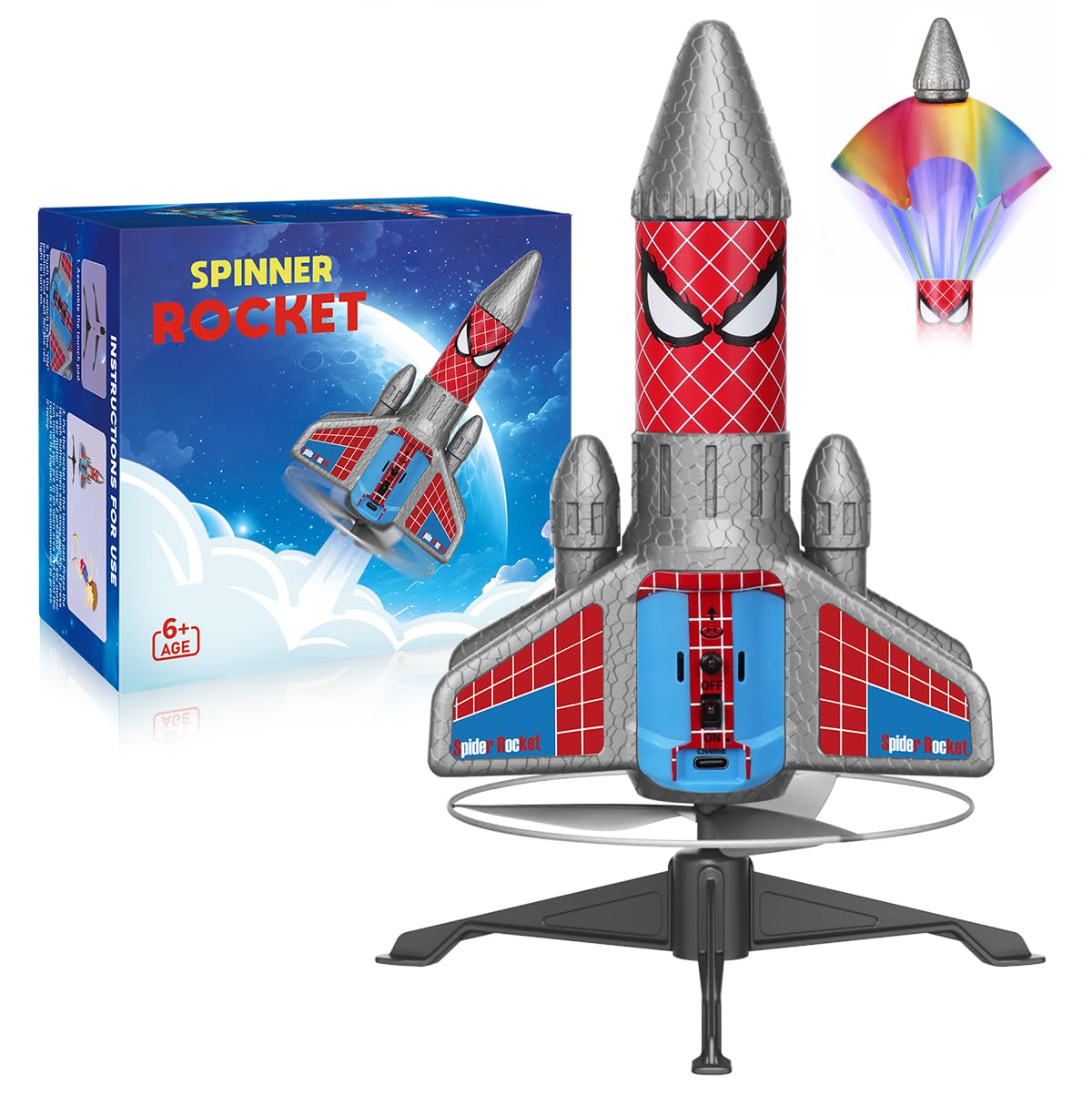 Fullware Rocket Launcher for Kids – 2nd Gen Upgraded Design, Electric Auto Launch, 200ft Flight with Safe Parachute, Outdoor Rocket Toy for Boys & Girls, Birthday Gift for Ages 6-13, Spider Pattern