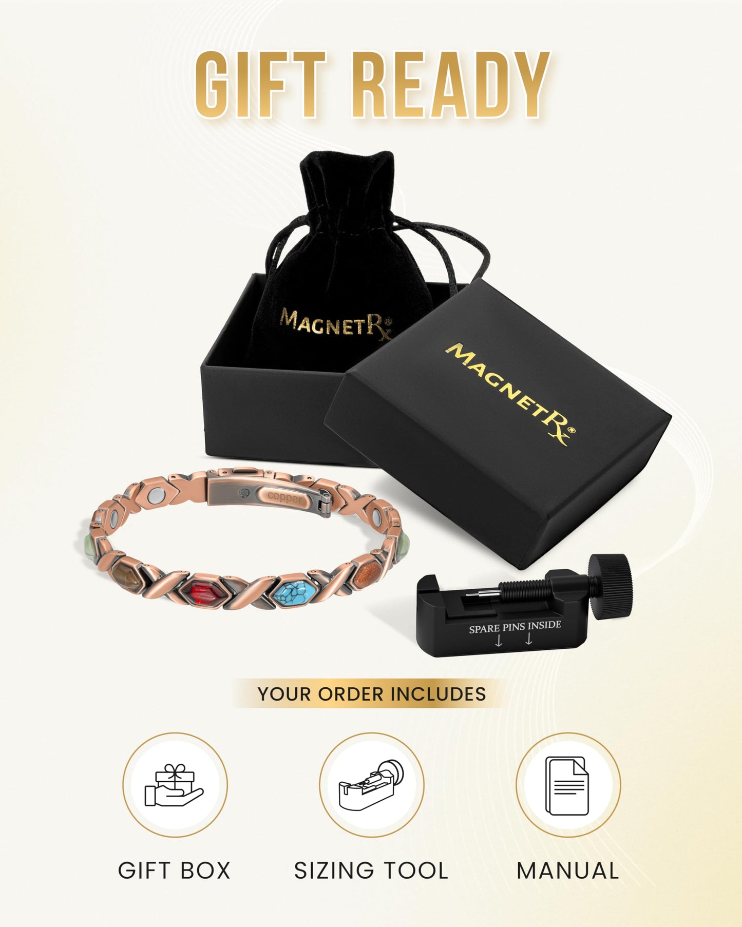 MagnetRX Pure Copper Bracelets for Women – Ultra Strength Copper Magnetic Bracelet with Multiple Stones – Adjustable Stone Bracelets for Women with Sizing Tool (Mixed Stones)