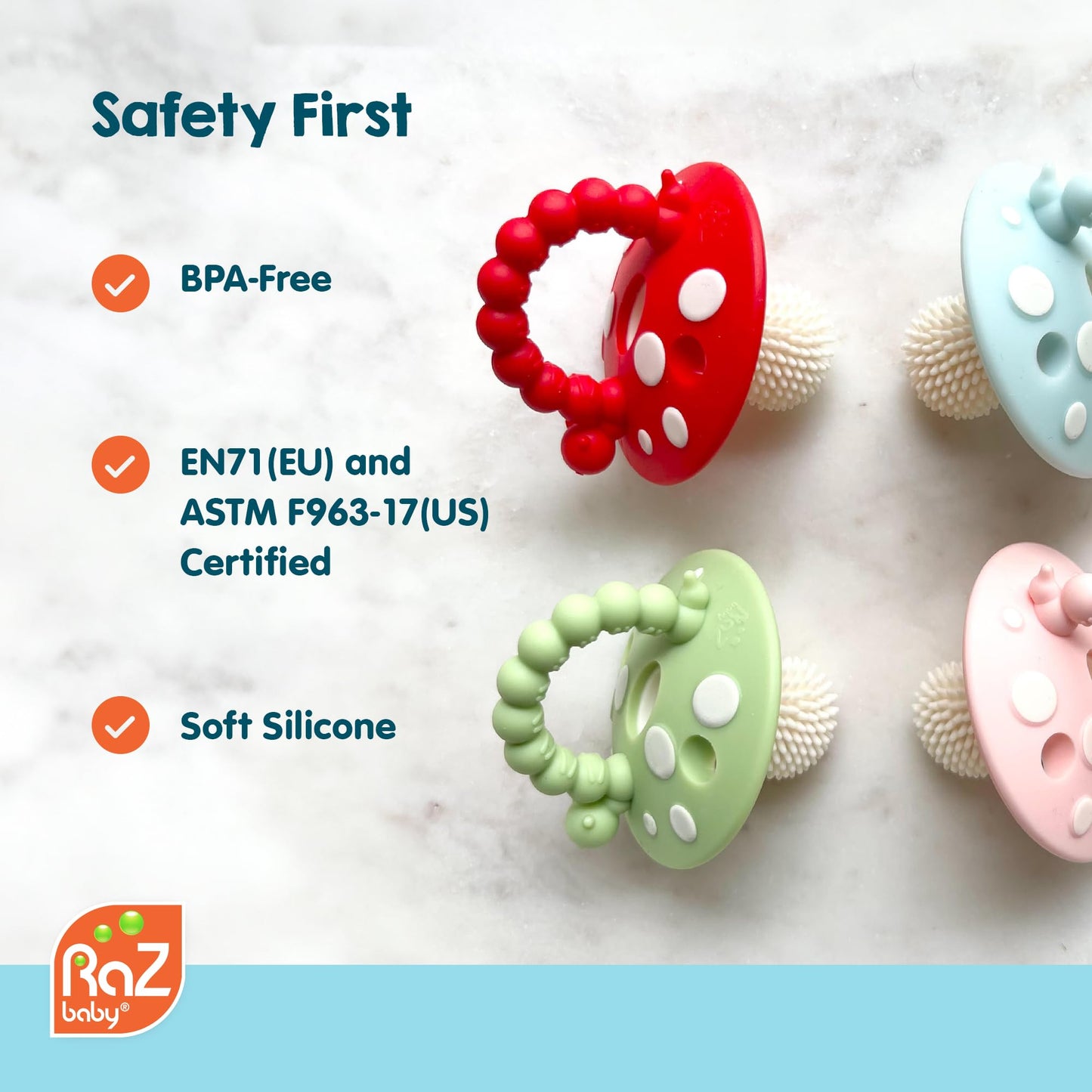 RaZbaby Soft Silicone Infant & Baby 3M+ Teether Toy Massaging Bristles Teething Relief Pacifier - Soothes Sore Gums - Hands-Free & Easy-to-Hold Chompy Teether, BPA Free (Lavender/Green/RED/Blue)