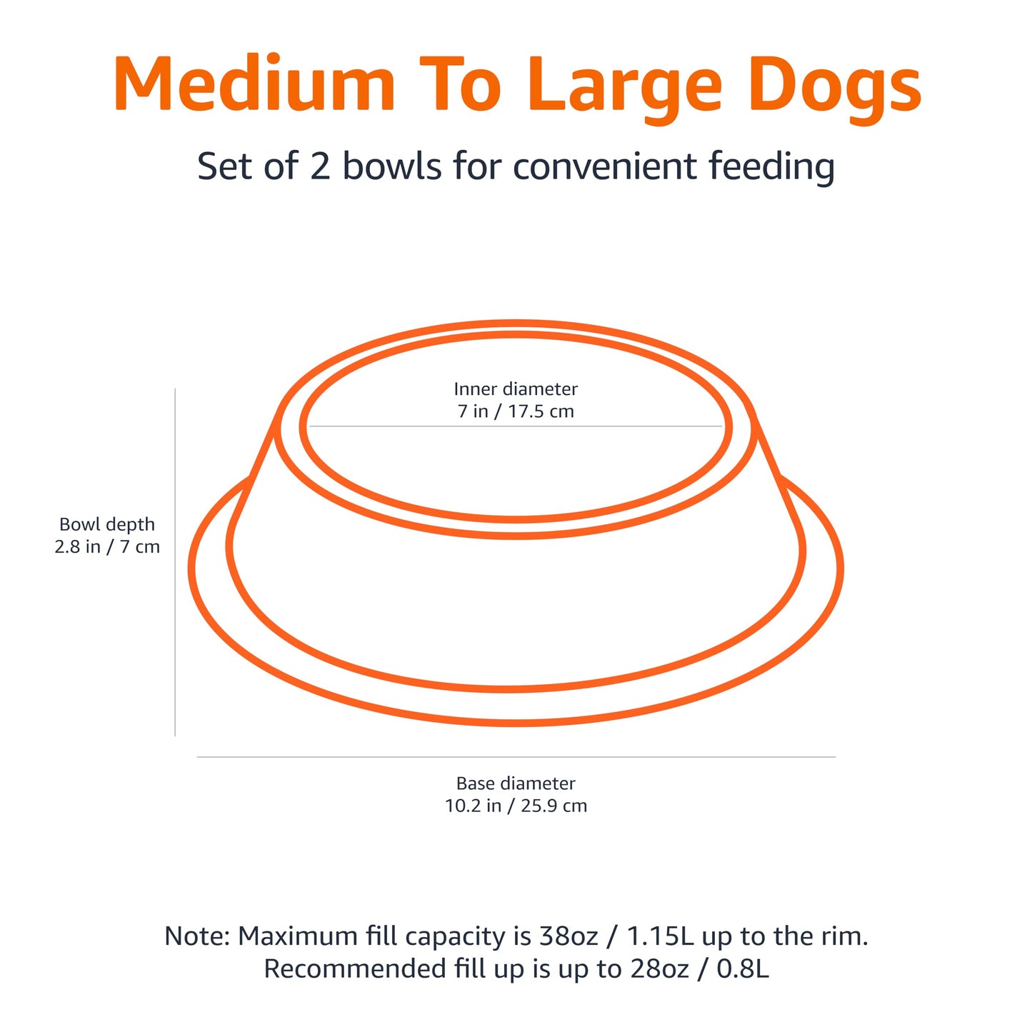 Amazon Basics Stainless Steel Non-Skid Dog Water And Food Bowls, Dishwasher Safe, Rust Resistant, 38oz Capacity, 10 x 2.8 Inches, 2-Pack