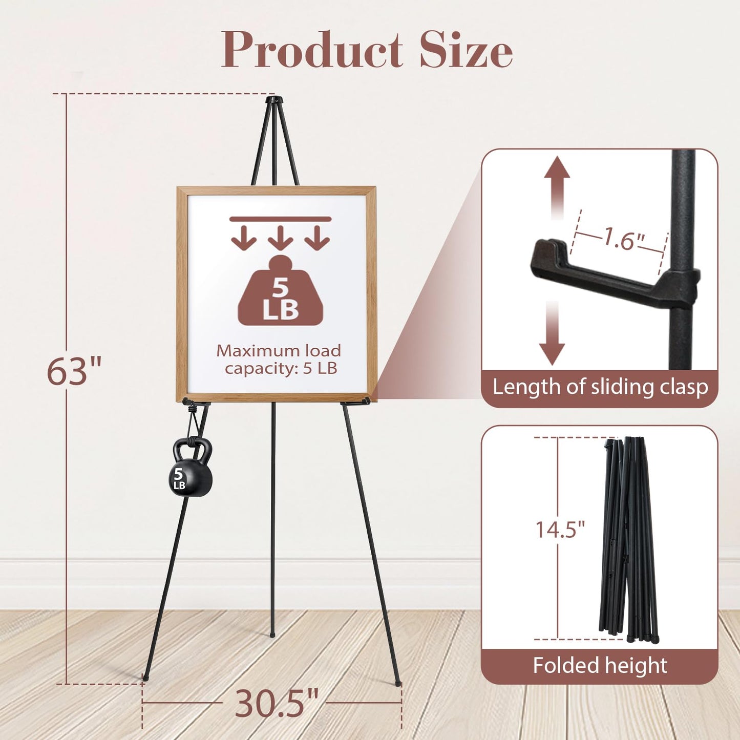 AZEAM 63" Easel Stand for Sign, 6 Pack Portable Easel for Painting, Foldable Black Metal Easel Display Stand Poster Holder Adjustable Sign Stand for Display Wedding Arts Poster