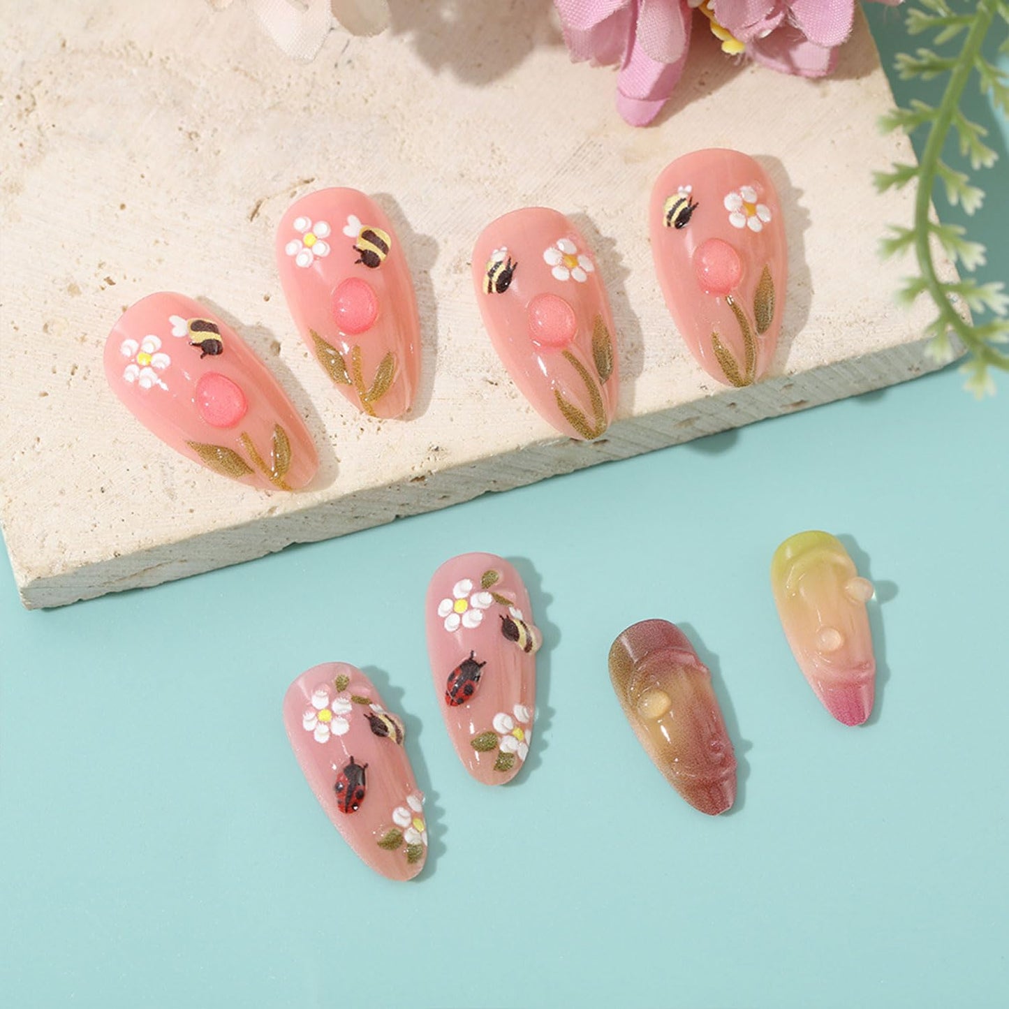 24 Pcs Flower Press on Nails Medium Almond Pink Fake Nails with 3D Ladybug Water Droplet False Nails Cute Bee Nail Press ons Glossy Glue on Nails Cute Stick on Nails for Women
