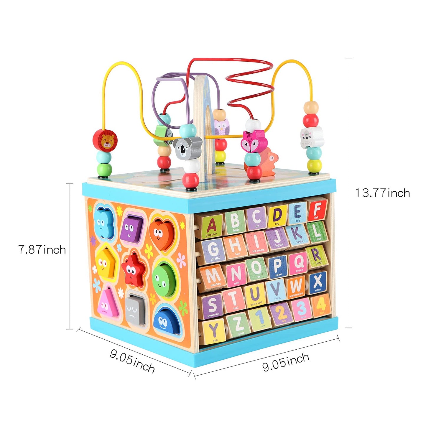 Qilay Wooden Activity Cube for Toddlers (Large), 5 in 1 Multipurpose ABC-123 Abacus Bead Maze Shape Sorter | Early Educational Toy for Toddlers - First Birthday Present for Boys Girls
