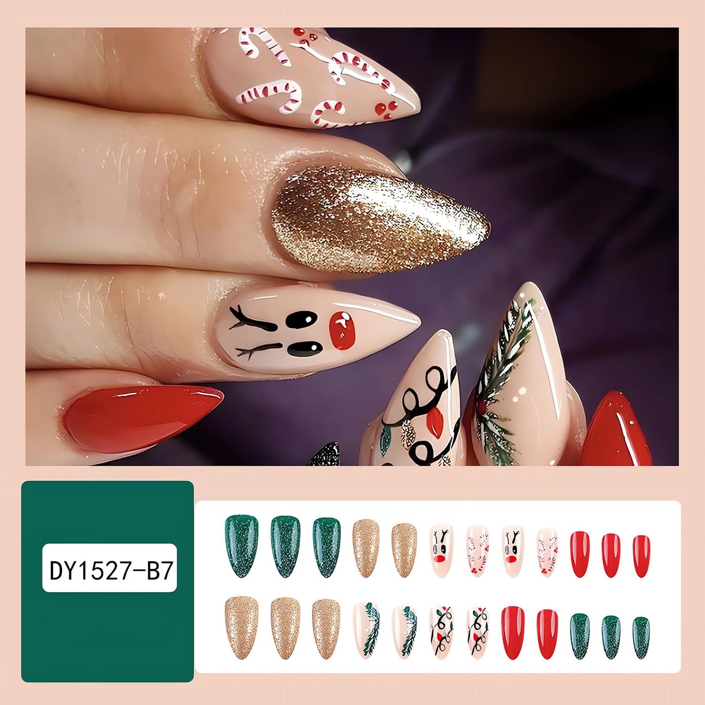 Cute Christmas Press on Nails Almond Fake Nails with Deer Glitter Cane Christmas Light Designs Medium Glue on Nails Glossy Winter False Nail Tips Full Cover Gel Artificial Nails Stick on Nails 24Pcs