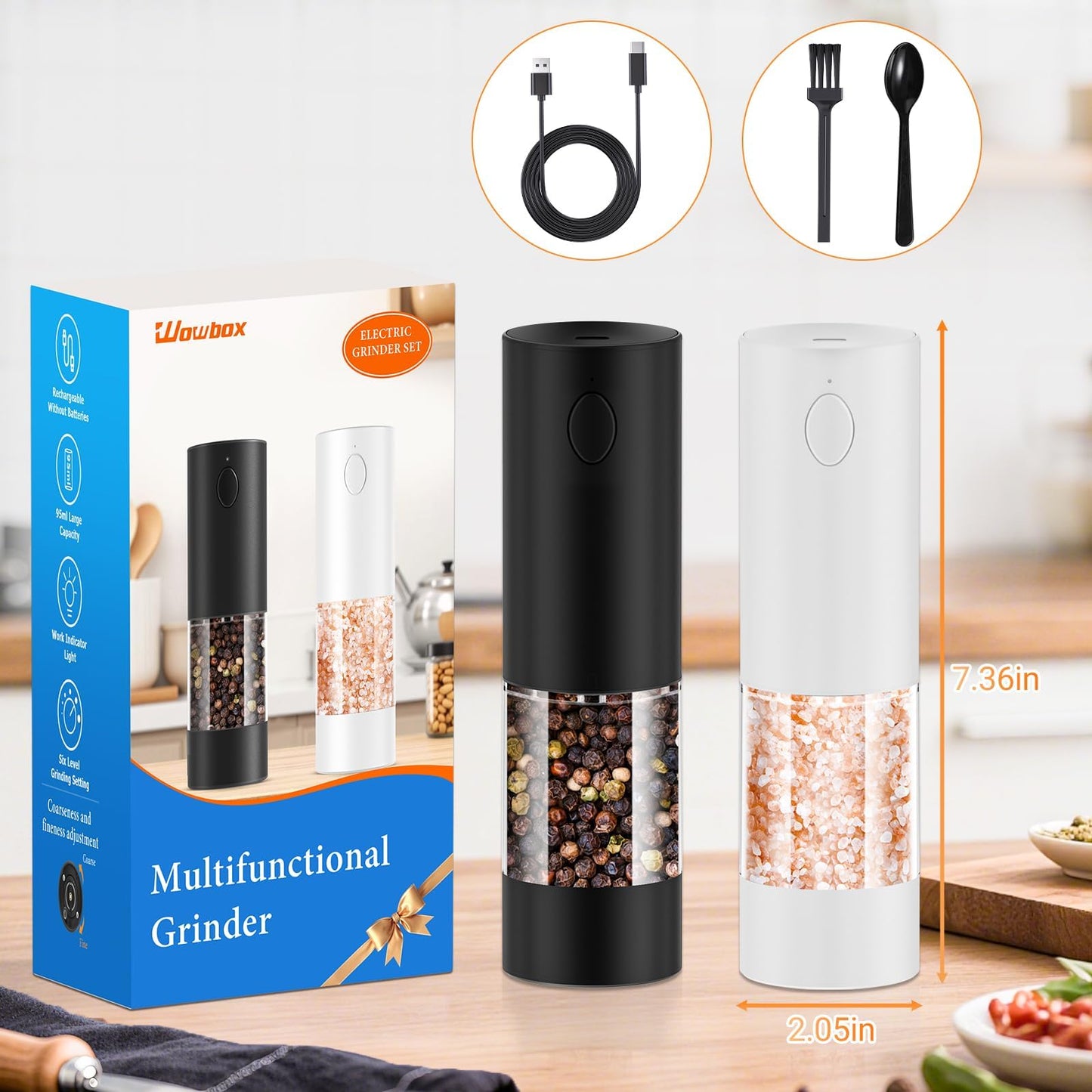 WOWBOX Electric Salt and Pepper Grinder Set 2 PCS, 6-Level Adjustable Coarseness, Rechargeable with LED Light, Large Capacity Multifunctional, for Kitchen, BBQ, Outdoor, Restaurant (Black & White)