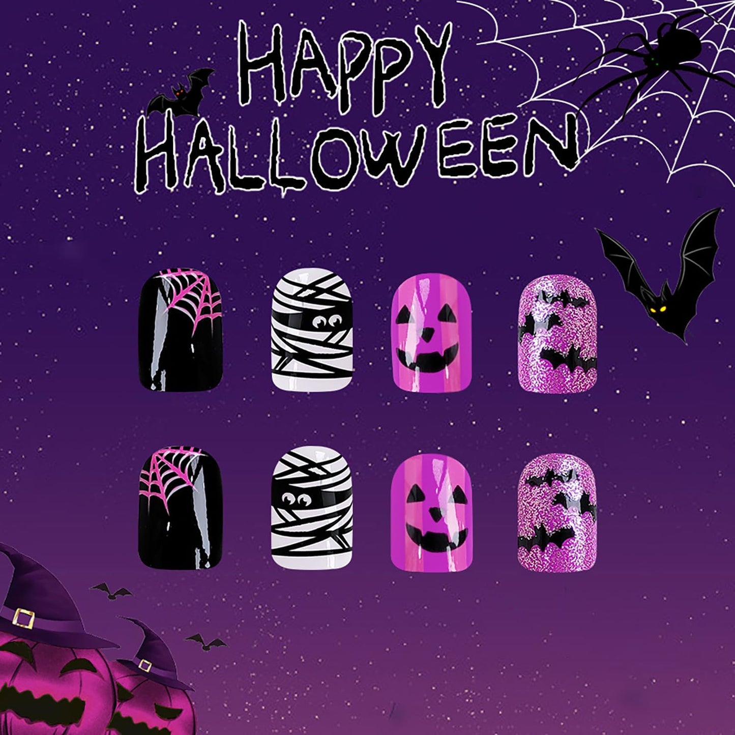 Halloween Press on Nails Short Square Fake Nails with Bat & Spider Web Designs Purple Gradient False Nail Sliver Glitter Stick on Nail Glue on Nails Bling Artificial Acrylic Nail for Women 24Pcs