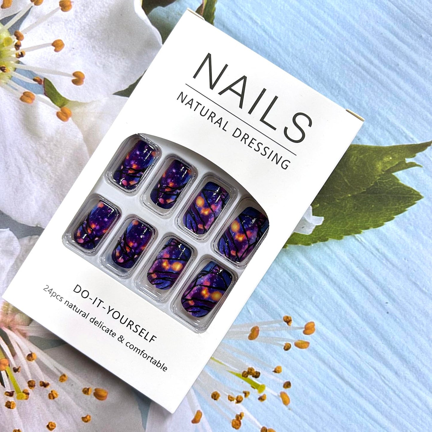 CJDLTS Press on Nails - Medium Purple Aurora Design, 24 Pcs Glossy Full Cover Acrylic Coffin Nails (Reusable Glue On, DIY Stick On)