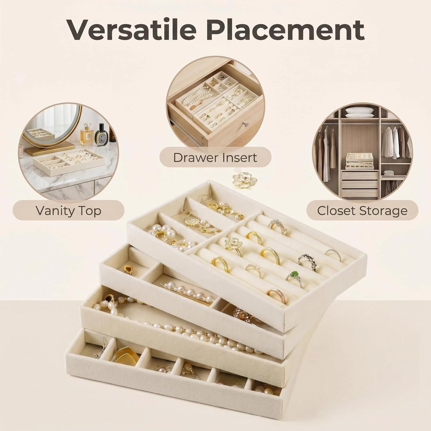 AIRZSNRY Velvet Jewelry Organizer for Drawer, Stackable Jewelry Drawer Inserts in Dresser, 8in Beige Storage Display Case for Rings Stud Necklaces Accessories, Set of 12
