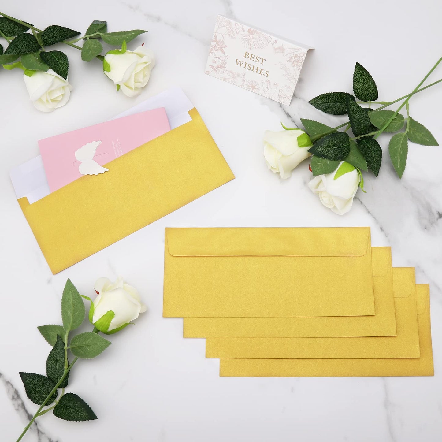 100 Pack Gold Metallic #10 Business Envelopes 4-1/8 x 9-1/2 in Square Flap Mailing Envelopes for Office, Business Letterhead, Invoices, Personal Mailing, Letters, Unique Invitations & Announcements