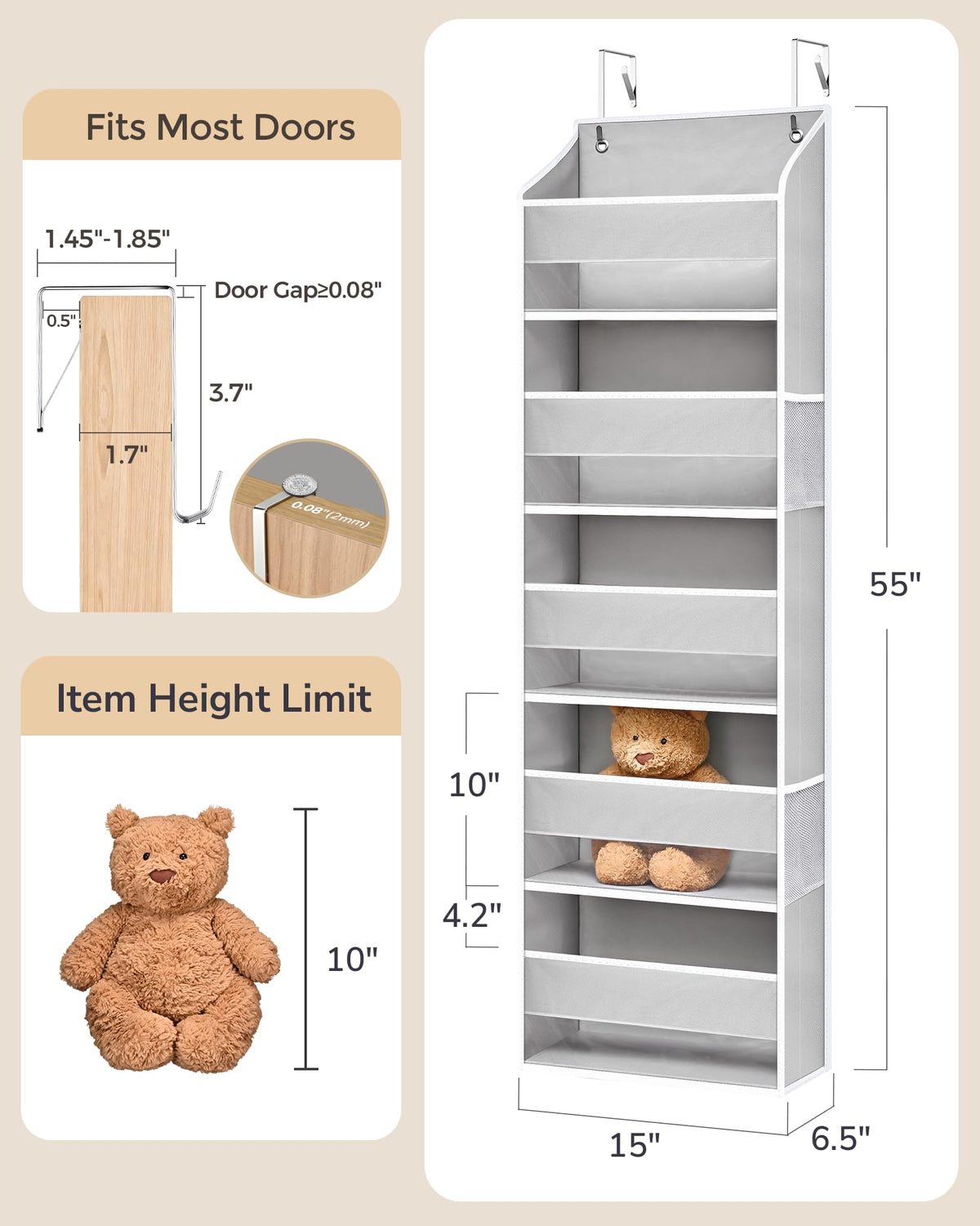 2-Pack Over-The-Door Organizer 5 Tiers, – Hanging Storage Organizer with 4 Mesh Side Pockets,Space Saving Closet Door Organizer for Clothes, Shoes, Toys, Accessories Light Gray