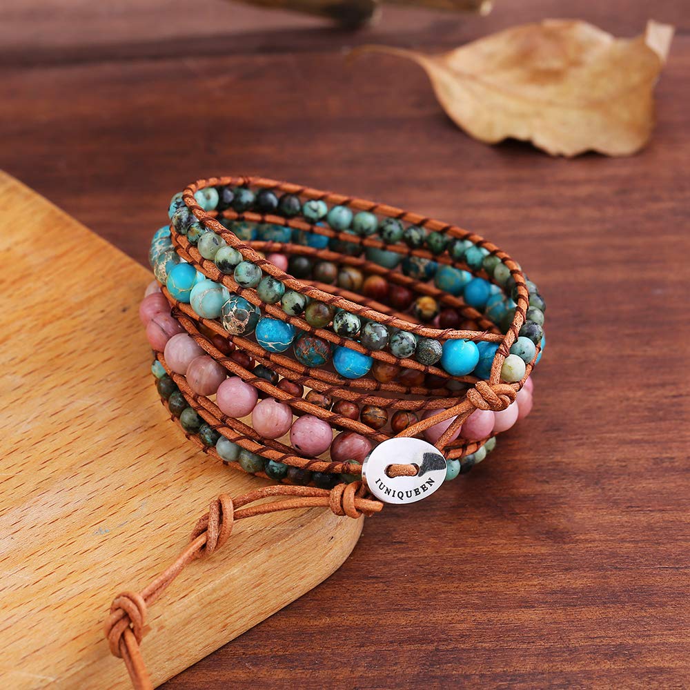 Plumiss Women Boho 5 Wraps Bracelet Natural Rhodonite Picasso Jasper Turquoise Stone Strand Bracelet Jewlery