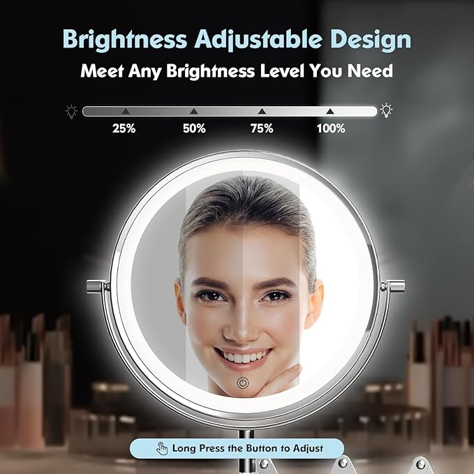Rechargeable Wall Mounted Makeup Mirror - 8 Inch Double Sided 1X/30X Magnifying Mirror with 3 Color Lights Dimmable Touch Screen, 360°Swivel 19.6 Inch Extendable Accordion Bathroom Mirror - Chrome