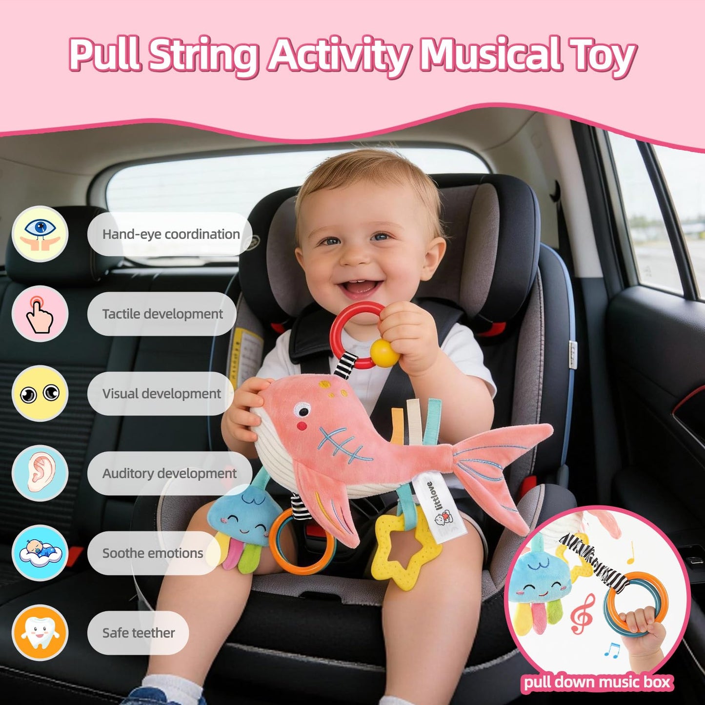 Pull Musical Toys for Car Seat 6-12 Months, Travel Sensory Toy 3-6 Months, Montessori Plush Toys for Roadtrip with Teether Crinkle Textures Clackers Squeaky Pulling Cords Newborn Infant Valentine Gift