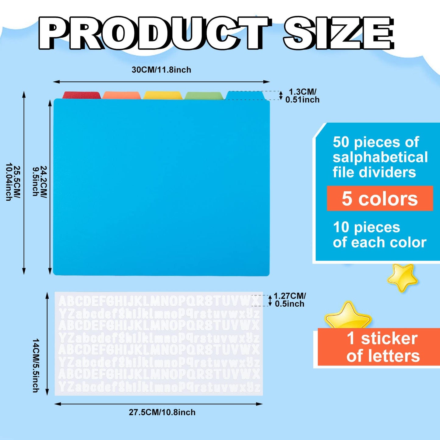 51 Pcs Top Tab File Guides Alphabetic File Dividers Alphabet Sticker, a-z 1/5 Tab Dividers for Office Business Classroom Products, Polypropylene, 11.8 x 10 Inch