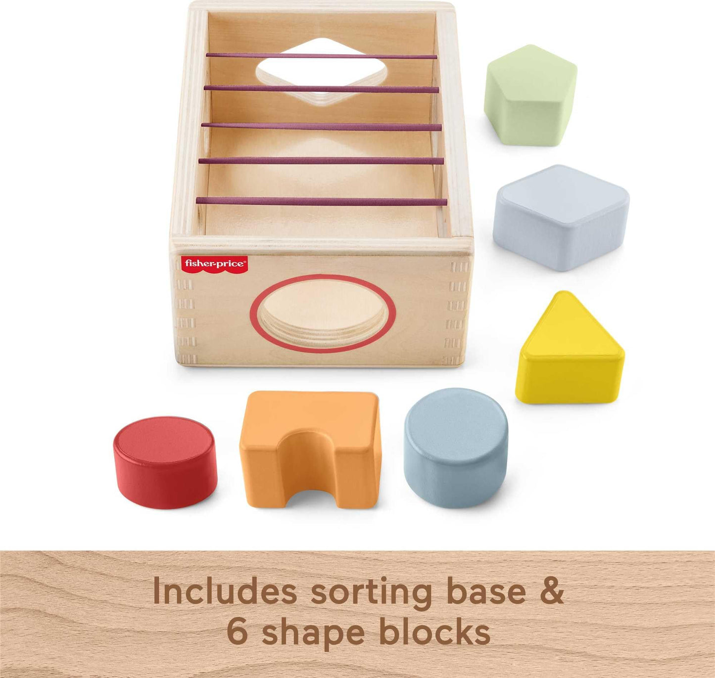 Fisher-Price Wood Baby Toy Flexi Shape Sorter, 7-Piece Wooden Activity with Elastic Bands for Infants & Toddlers Ages 9+ Months