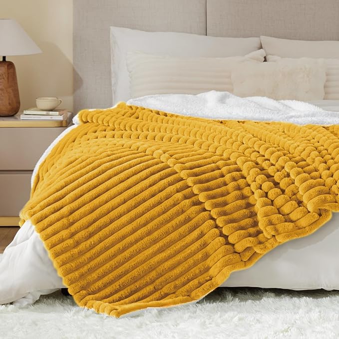 INFIIXSO Sherpa Throw Blanket for Couch - Super Soft & Warm Striped Fleece Blanket, Cozy Plush Fluffy Blanket All Season Use (Mustard Yellow, 50x60 Inches)