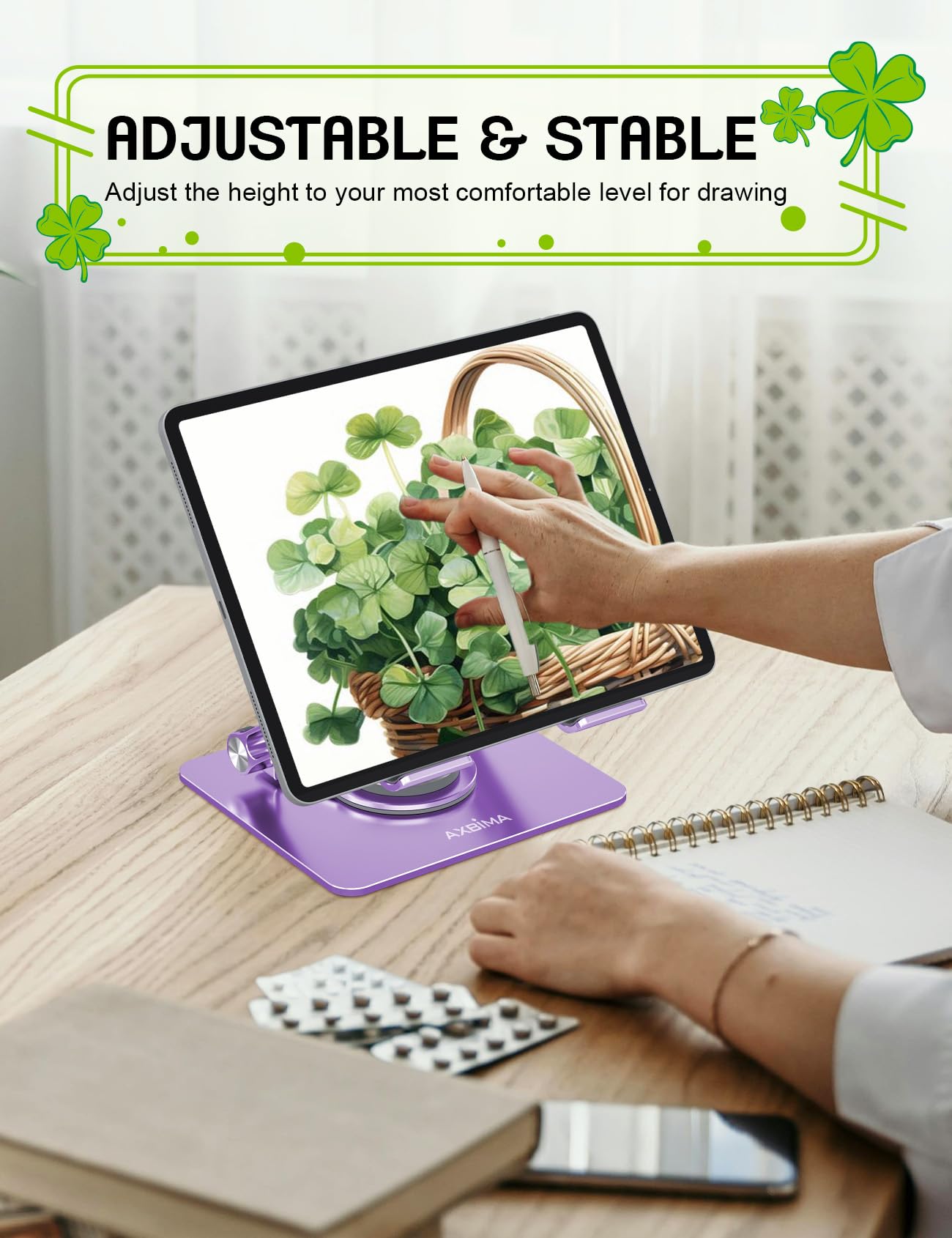 Axbima Tablet Stand for iPad,360° Rotating Desktop Holder - Aluminum Adjustable & Foldable Desk Holder for iPad Pro 12.9/11,Air 10.9,Samsung Tab S9,Portable Home/Office,Gift for Adults,Teens (Purple)