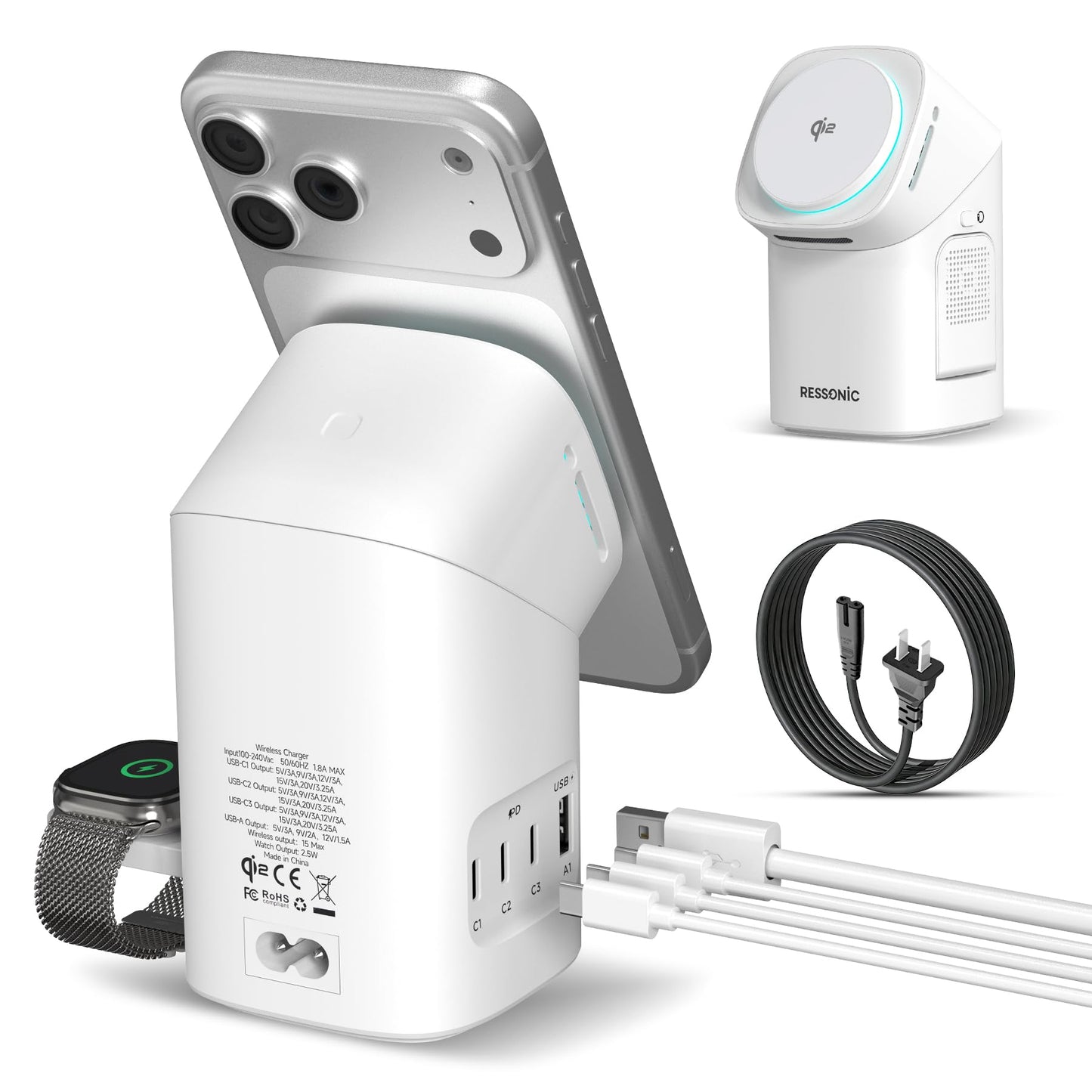 6-in-1 Charging Station, Desktop Charger with QI2 15W Wireless & 65W USB-C Hub, 3 USB-C + USB-A, Smart Power for iPhone, Android, Earbuds, Watch, Laptop for Office Desk & Nightstand (White)