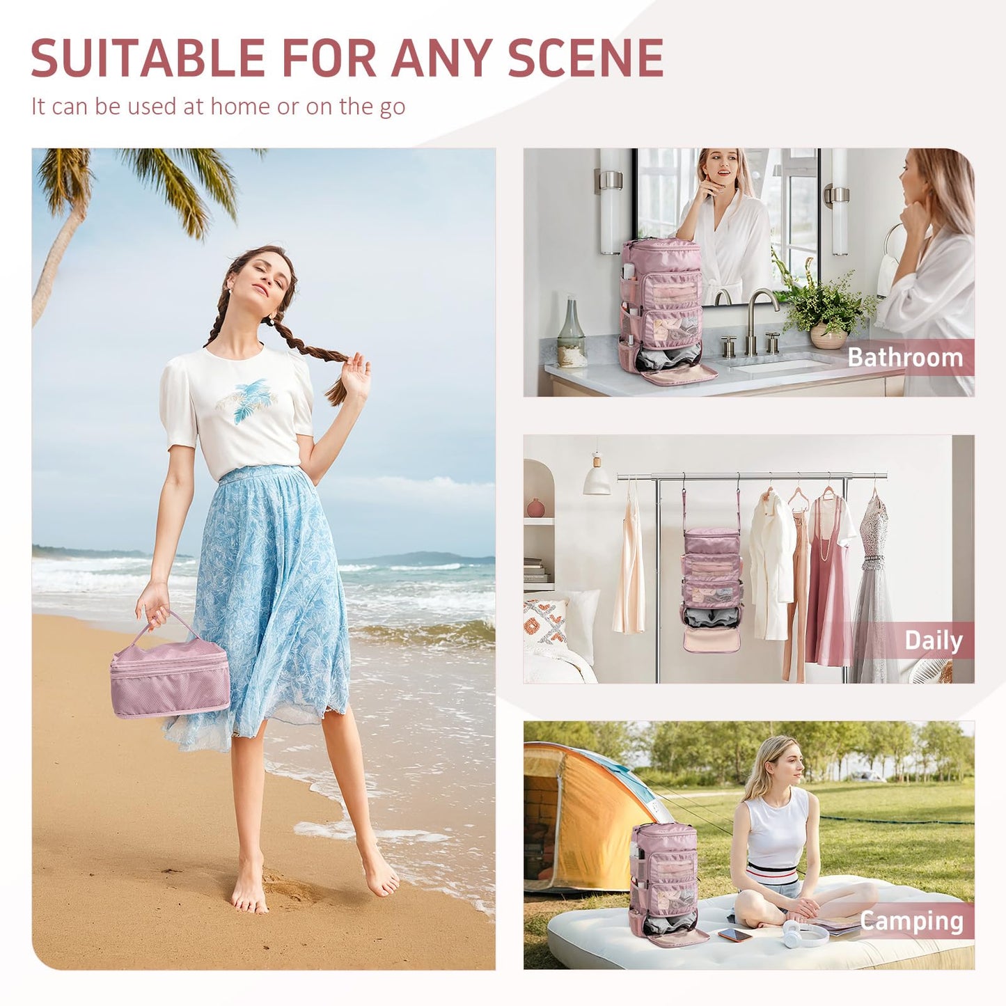 GOLF QUALITY Multi-layer storage bag Casual simple Luggage Packing Organizer with Hook,Clothing Underwear Bag,Carry On Closet,Purple pink