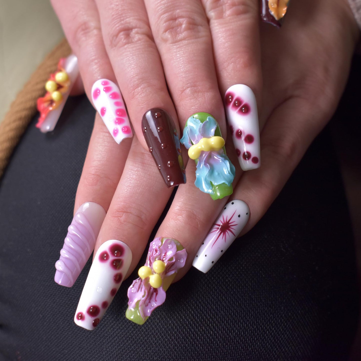 LIFOOST Handmade Press On Nails Long Multicolor 3D Carving Flowers Design 10pcs Hand painted Smudging Glue On Acrylic Fake Nails