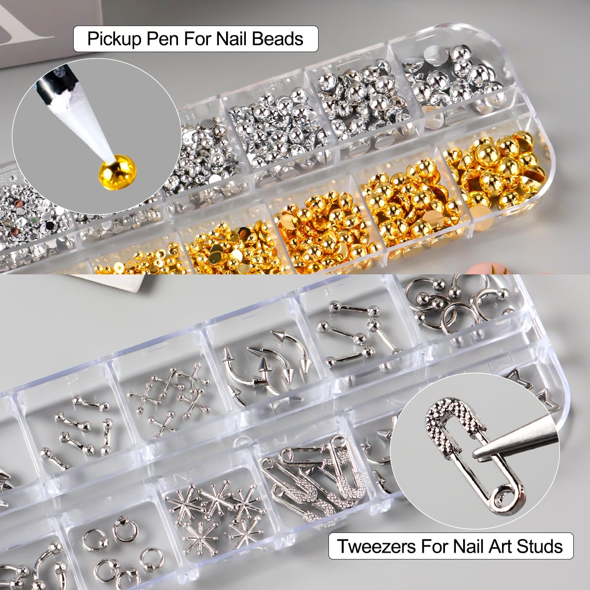 3 Box 12 Grids Goth Nail Art Studs, 3D Gold & Silver Alloy Gothic Punk Nail Charms Y2K Rivet Studs Beads Metal Rings Piercing Manicure Supplies for DIY Nail Art Decorations