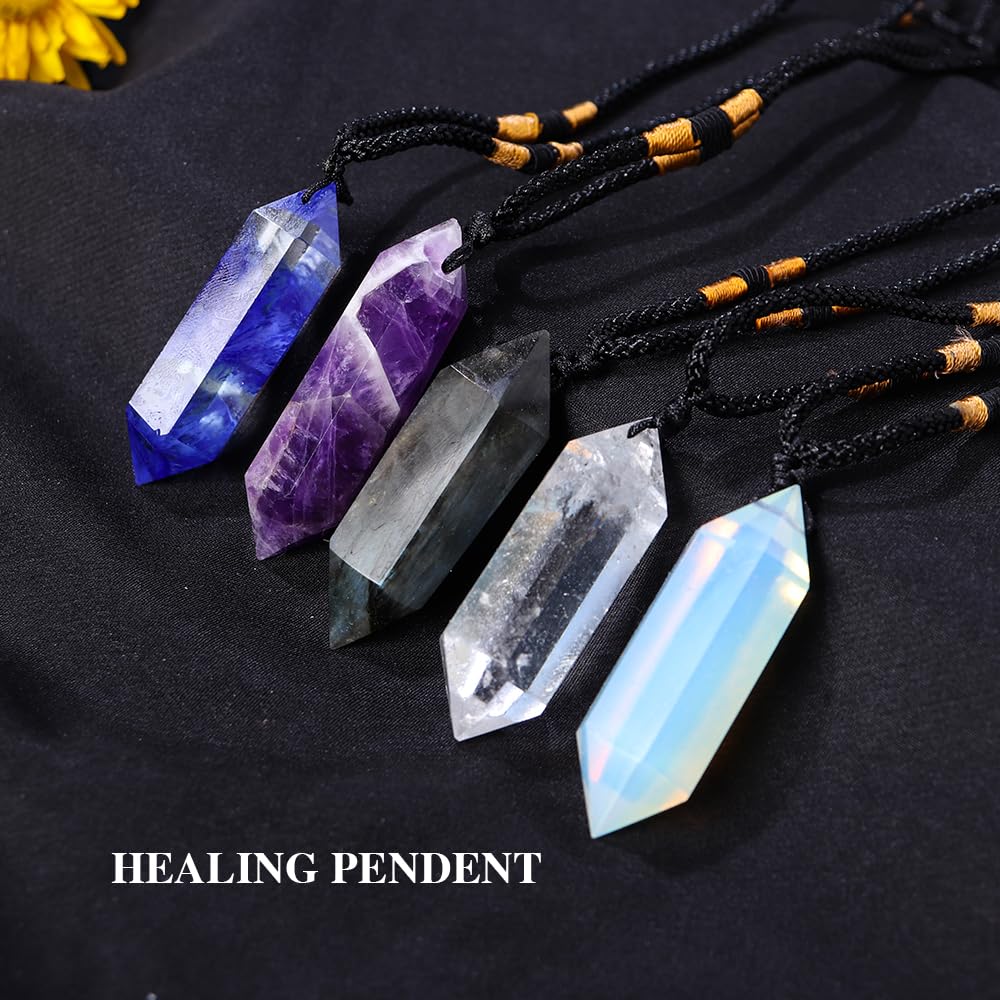 Runyangshi Opal Healing Crystal Pendants, Double Pointed Crystal Quartz Necklace 6 Faceted Chakra Crystal Wand Stone