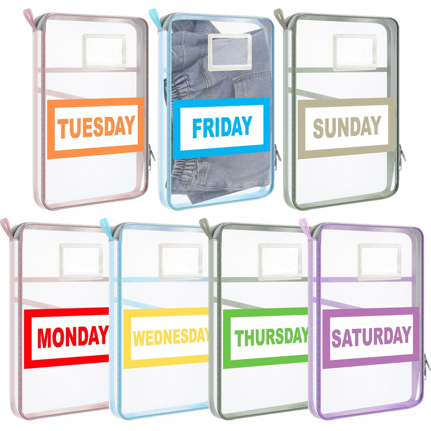 Honoson 7 Pack Packing Cubes for Travel Days of Week Packing Cubes with Labels Clear Zippered Storage Bag for Travel Summer Camp Essentials