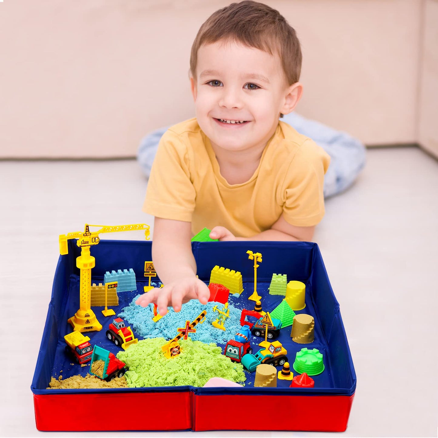 GarveeLife Kids Sand Kit, 43PCS Set w/Tools, 6 Construction Trucks & Castle Molds, Foldable Sand Box Storage Bin Tote, Toys for Boys Girls