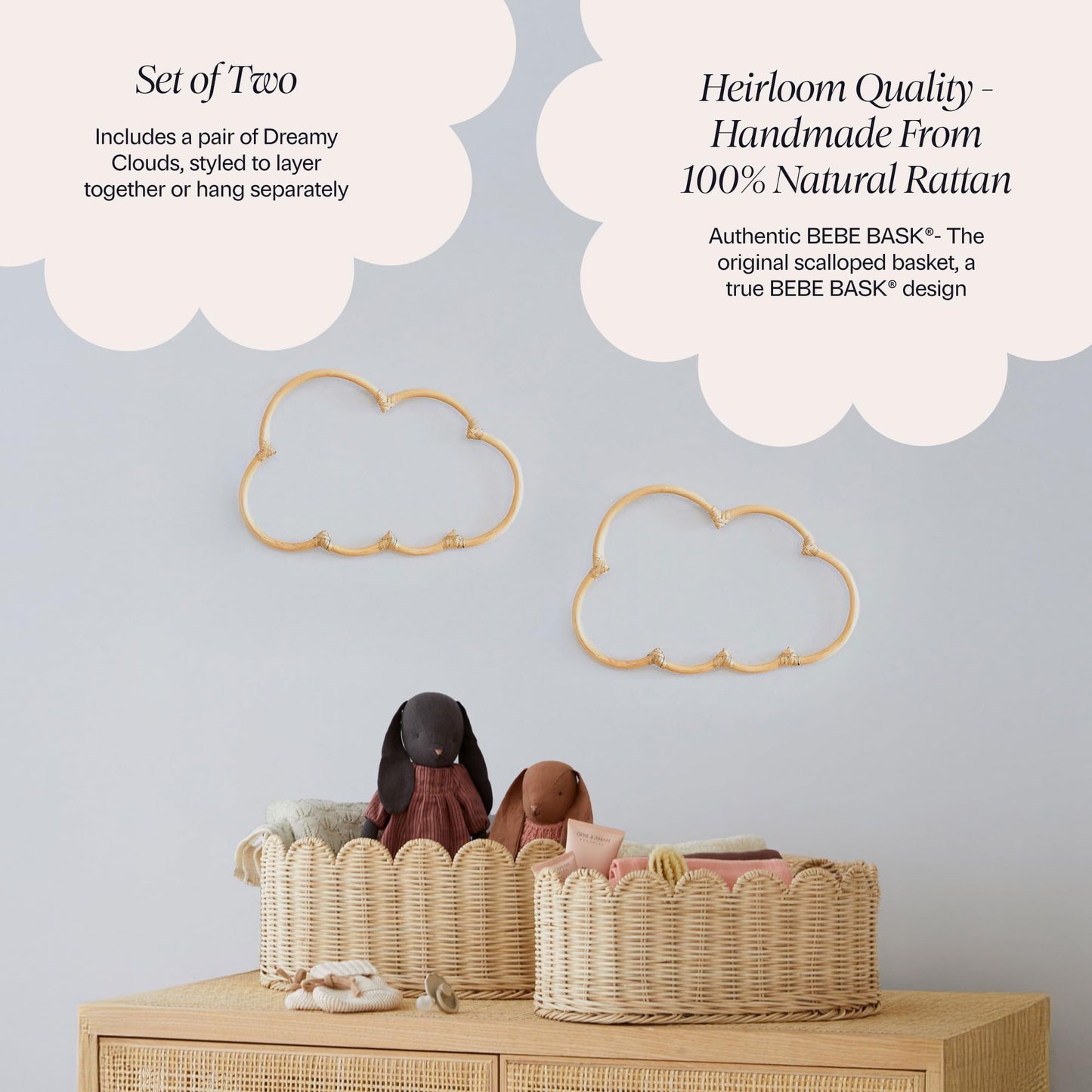 BEBE BASK Handmade Wicker Cloud Décor Set of 2 - Rattan Cloud Decorations - Décor for Bedroom and Baby Nursery Wall - for Girls Room