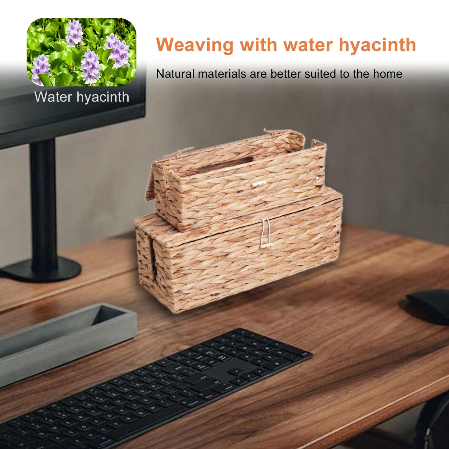 KWEEHAWTI Cable Management Box, Cord Hider Organizer Box with Lid 2-Pack,2 Side Open Slots Handwoven Water Hyacinth Storage Box for Power Strips, Floor, Desk, Office