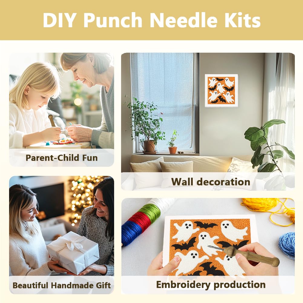 Doodlream Halloween Ghosts DIY Punch Needle Embroidery Kit for Adult Beginner, 9.4" Bat Punch Stitching Craft Set for Starter with Frame, Fabric Pattern, Threader, Yarn, Pinch Needle