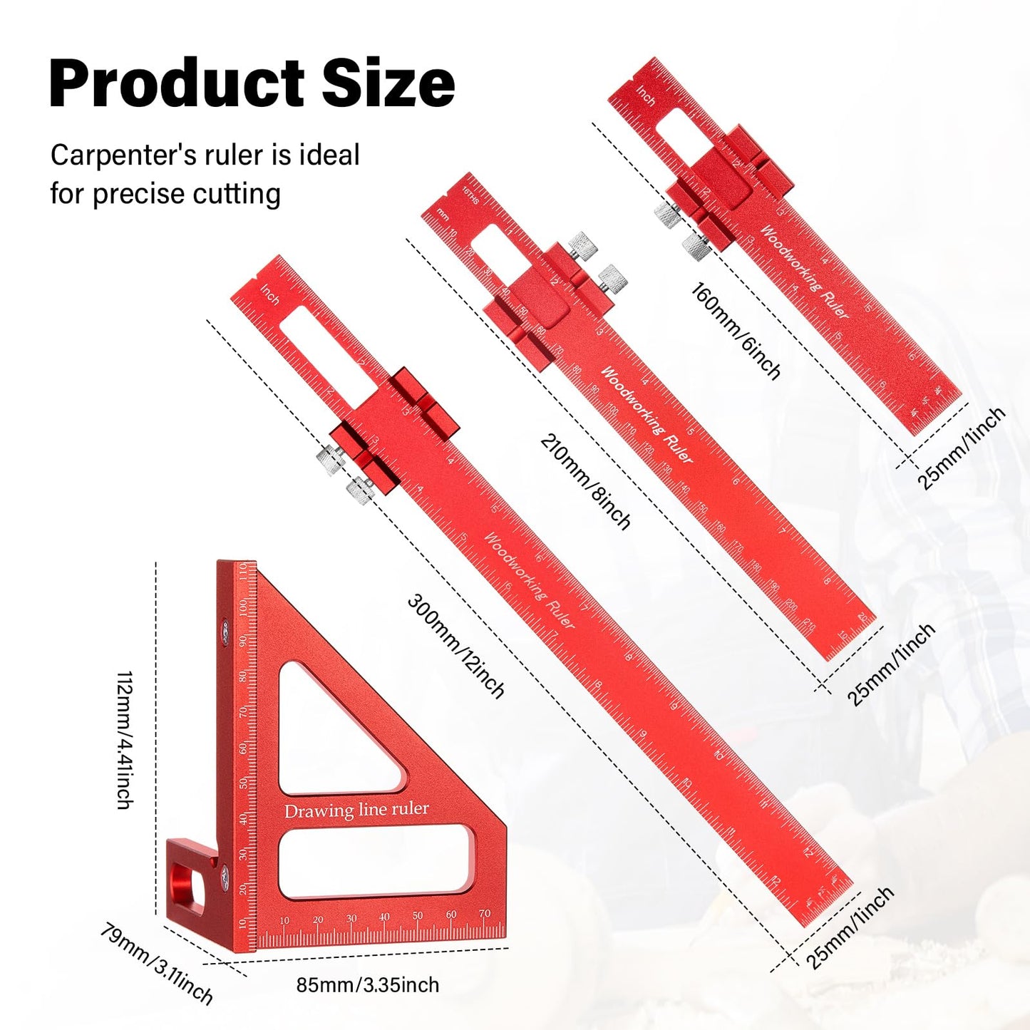 Saysurey 4 Pcs Woodworking Ruler, Metal Precision Pocket Rulers 12, 8, 6 Inch with 3D Multi Angle Measuring Ruler 45/90 Degree for Precision Measuring Marking Inch and Metric