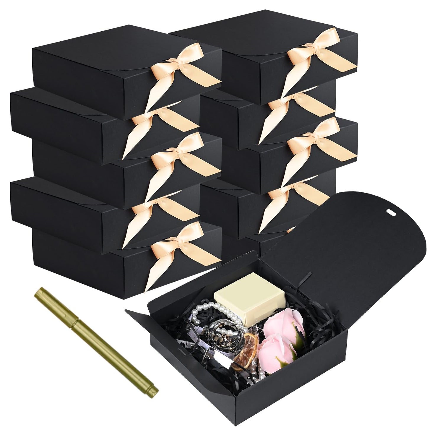 12Pack Small Gift Boxes,Black Square Gift Box with Metal Pen for Candy, Chocolate, Wedding,Birthday, Baby Shower,6.5×6.5×2 Inch