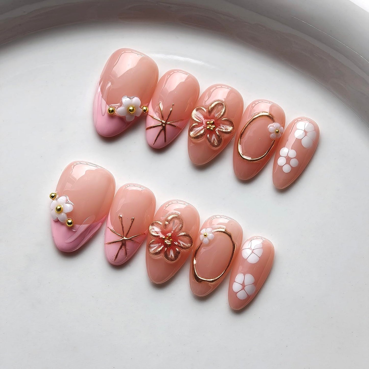 French Tip Press on Nails Handmade Short Almond 3D Thick Acrylic Nails False Nails with Gold Ball Starlight Flower Designs Pink Glossy Fake Nail Sturdy Art Press on Nail 10Pcs(M)