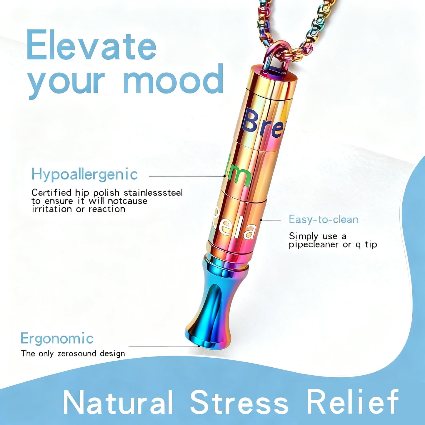 Fidget Necklace with Spinning Calm, Breathe, Relax Charms - Sensory Anxiety Relief & Deep Breathing Aid Stainless Steel Necklaces for Women Men (Rainbow)