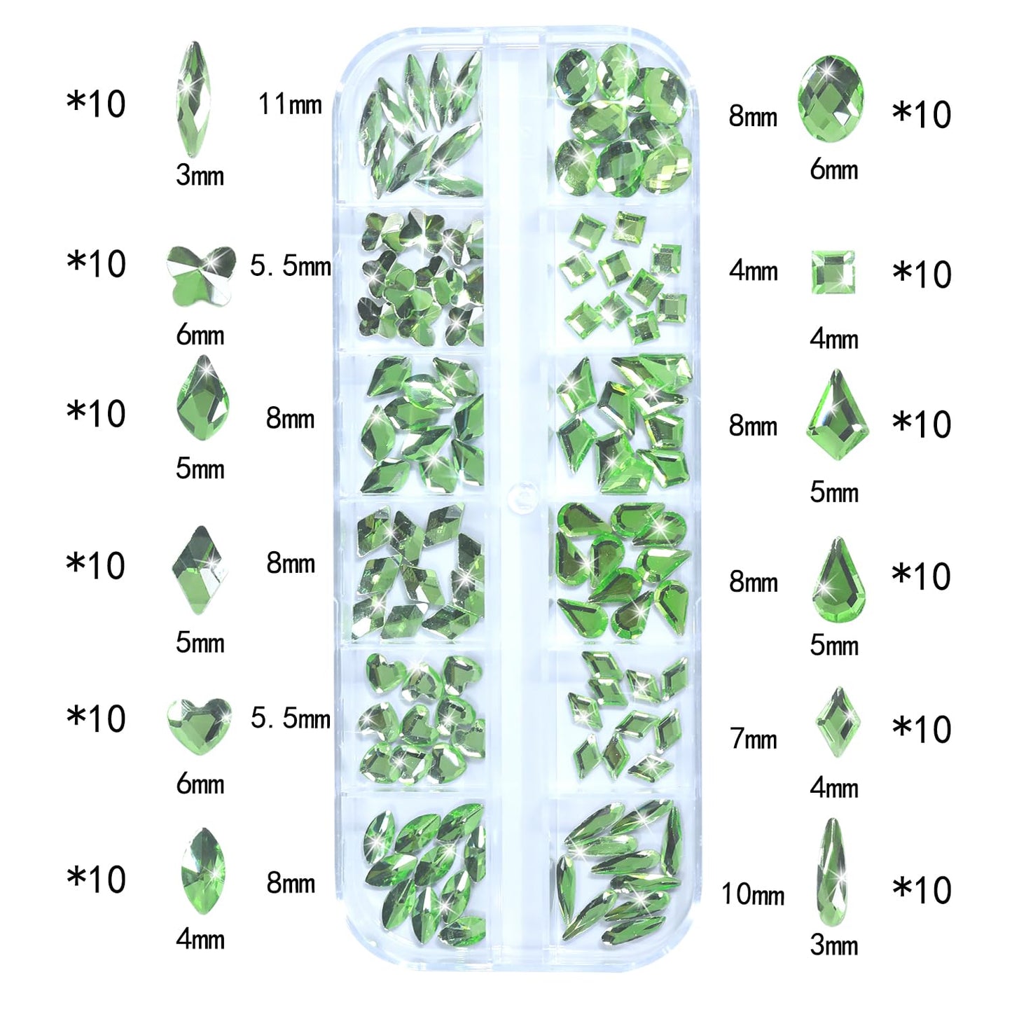Nail Rhinestones - 3D Multi Shape Size, Flat Back, Manicure Rhinestones Charms, Crystal Light Green Gems, with Kit, for Nail Art, Bedazzling Acrylic Nails, DIY Decor