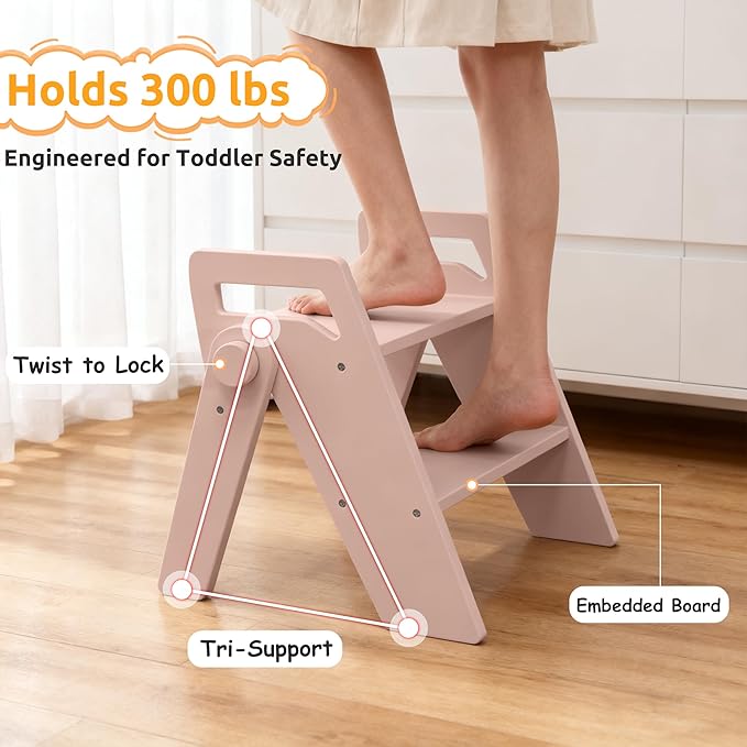 Wooden 2 Step Stool for Kids Bathroom Foldable 2-Step for Toilet Potty Training, Child Stepping Stool for Kitchen Nursery Bedroom Pink