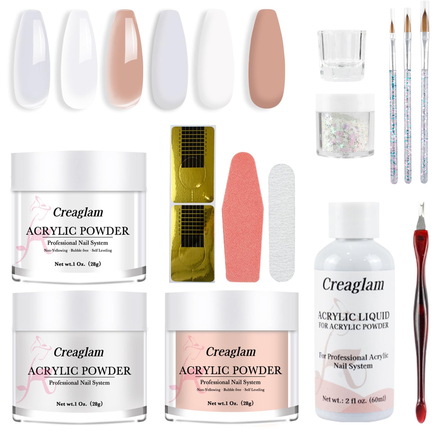 Creaglam Acrylic Nail Kit for Beginners: 3 Colors 28g Nude Clear White Acrylic Nail Powder Professional Gel Glue - 1Oz Large Capacity Acrylic False Set witn 60ml Liquid and Brush Nail Forms Tools