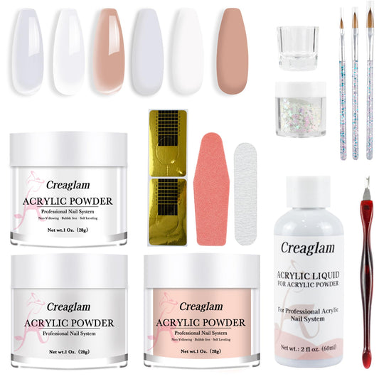 Creaglam Acrylic Nail Kit for Beginners: 3 Colors 28g Nude Clear White Acrylic Nail Powder Professional Gel Glue - 1Oz Large Capacity Acrylic False Set witn 60ml Liquid and Brush Nail Forms Tools