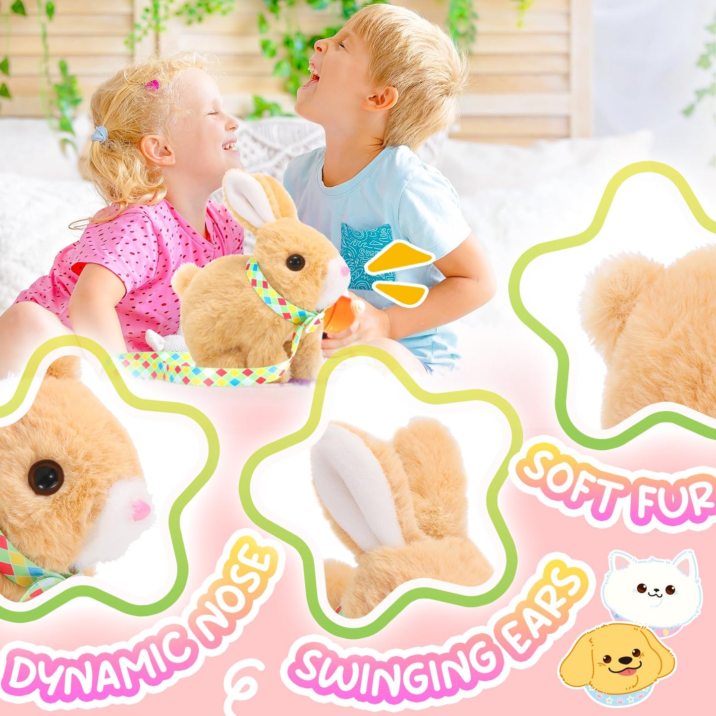 Tagitary Easter Plush Bunny Toys Electronic Bunny Toy with Sounds,Wiggling Ears,Hopping,Twitching Mouth and Nose,Interactive Rabbit Toy for Kids with Leash,Easter Birthday Gift for Toddlers