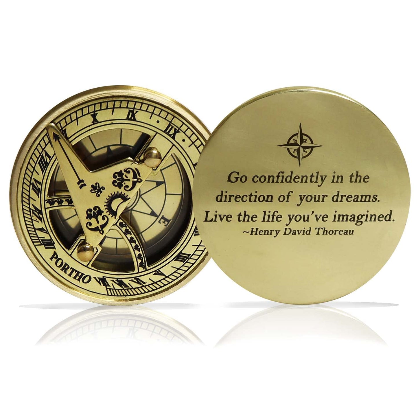 PORTHO Thoreau Go Confidently Sundial Compass with Wooden Box – Personalized Graduation, Baptism, Confirmation & Adventure Gift – Inspirational Keepsake for Life’s Journey