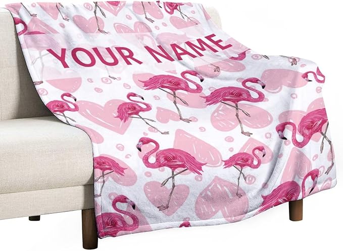 Custom Flamingo Blanket Gifts with Name - 60 x 80 Inches Cute Flamingo Throw for Adults - Light Pink Soft Fuzzy Plush Blankets for Bed