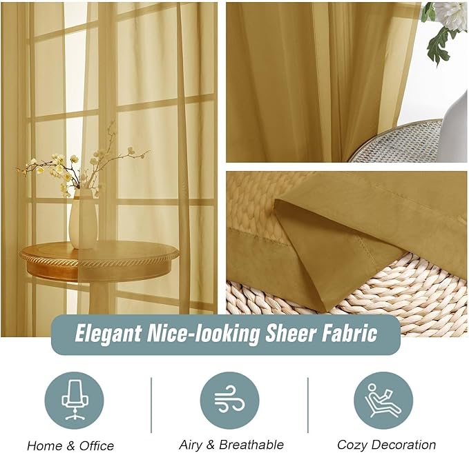 Gold Sheer Curtains 63 Inch Length 2 Panels, Voile Sheer Curtain for Living Room, Breathable Light Filtering Modern Window Treatments, Soft Fabric Dual Rod Pocket Drapes, 2x42Wx63L Inches